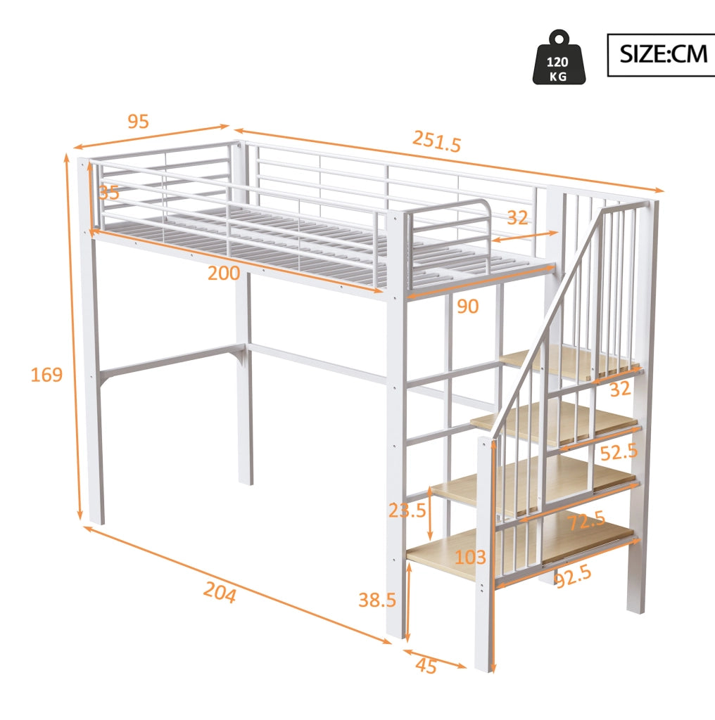 Letto a soppalco 90x200 cm in metallo e legno; con scala e spazio contenitore; bianco