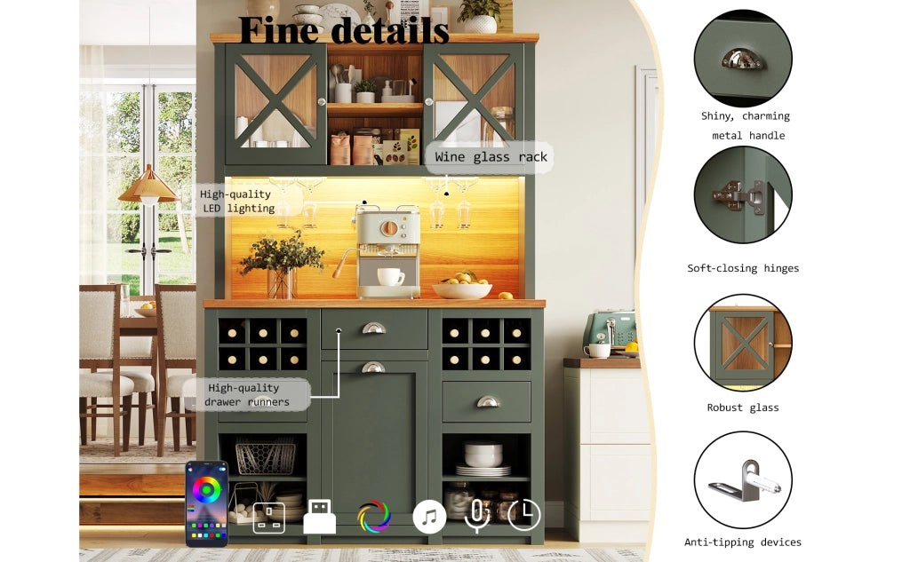 Mobile Cucina Alto con Ante in Vetro e LED, Portabottiglie ¨C MINIMAL ¨C Verde 120x45x188 cm