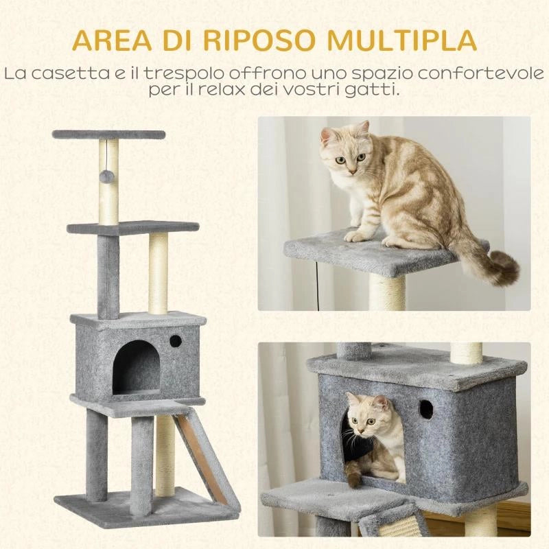 ALBERO TIRAGRAFFI MULTILIVELLO CON CASETTA, SCALA, PALLINA E PALI IN SISAL, 48X48X125 CM, GRIGIO