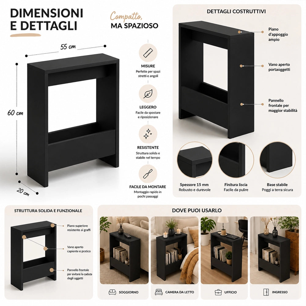 Tavolino Laterale Divano Nero Tavolo Salvaspazio Multifunzione 55x20x60 cm