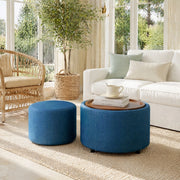 POUF Set da 2 pezzi 58 cm Blu in lino con vassoio in legno