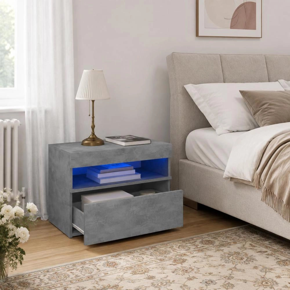 Bedside Table With LED Lights, Concrete Grey, 60x35x40 Cm