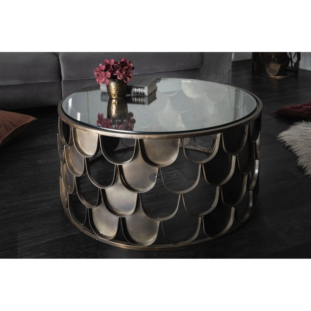 Tavolino basso METRIX rotondo 60 cm bronzo con struttura effetto squama – Tavolino basso design in metallo e vetro temperato