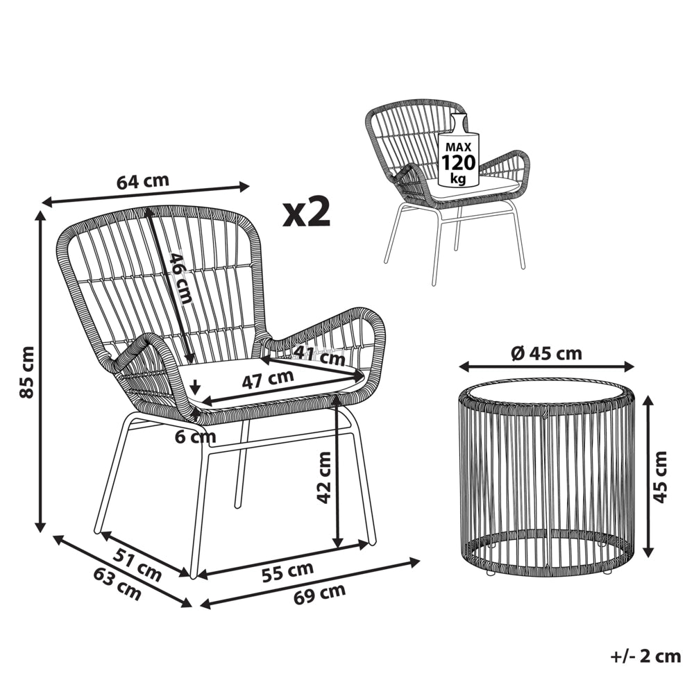 Set bistrot marrone finto rattan gambe in acciaio Nero 2 sedie con cuscini grigi piano tavolo in vetro moderno set da esterno a 2 posti