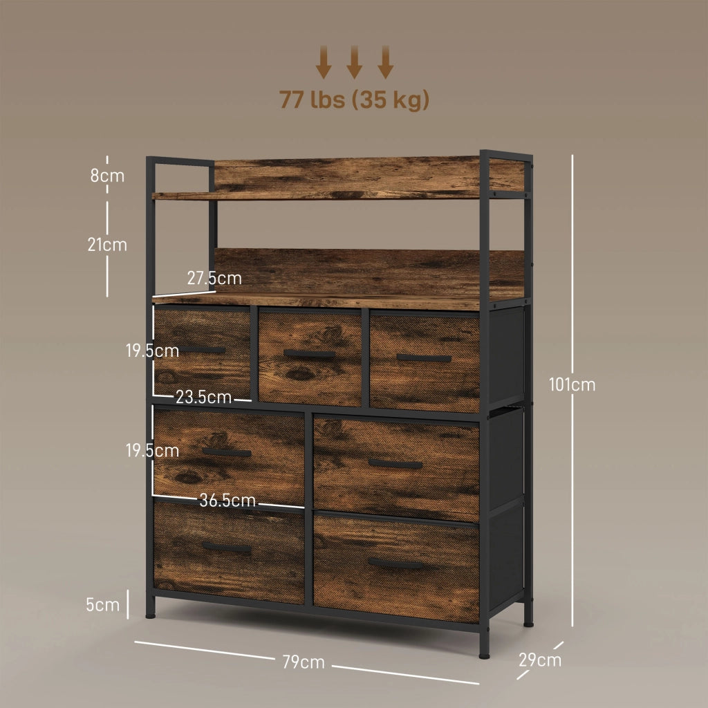 Cassettiera 7 Cassetti Rimovibili con 2 Ripiani Industriale in Legno e Acciaio, 79x29x101 cm, Marrone e Nero