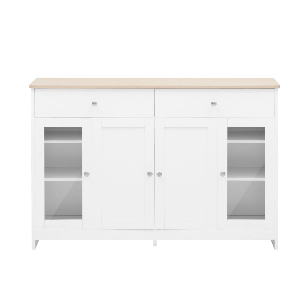 Credenza 120x37x80 cm con 2 cassetti; 4 ante e ripiani regolabili; MDF bianco e colore legno