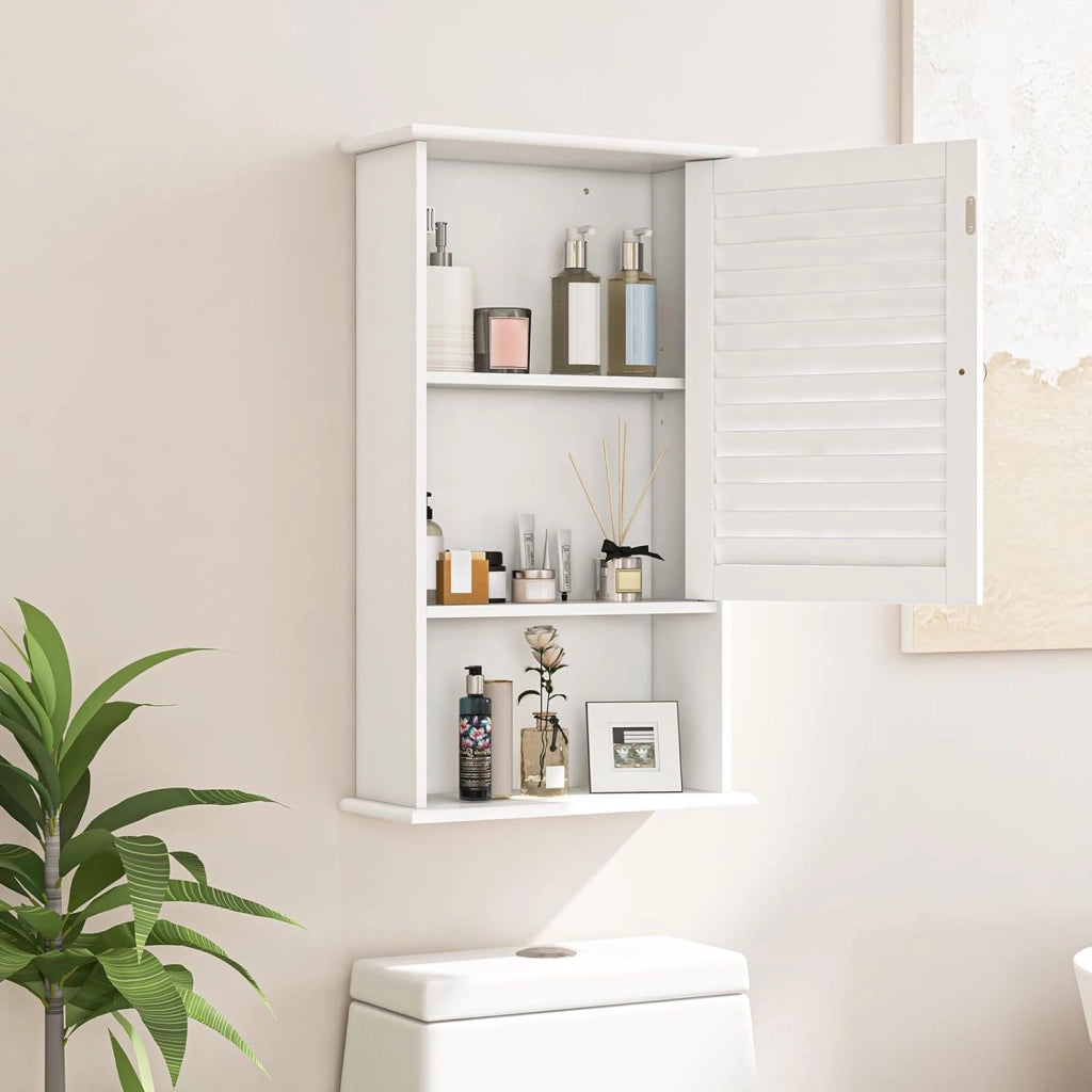 Armadio da Bagno a Parete con Porta, 2 Ripiani Regolabili e Scomparto Aperto, Armadio in Legno a 3 Livelli, Mobile Multiuso per il Bagno, Cucina, Ingresso, 42x17x70 cm (Bianco)