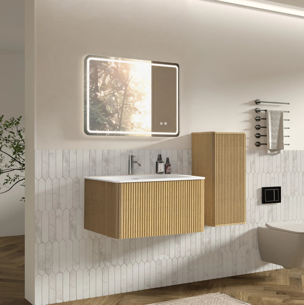 Set mobili bagno sospesi rovere MDF con lavabo; specchio LED e colonna