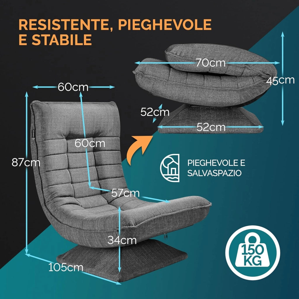 ® Poltrona Relax da Lettura con Schienale Regolabile 360° Pieghevole Portata 150kg 60x105x87cm Sedia da Pavimento Imbottita Salotto Gaming