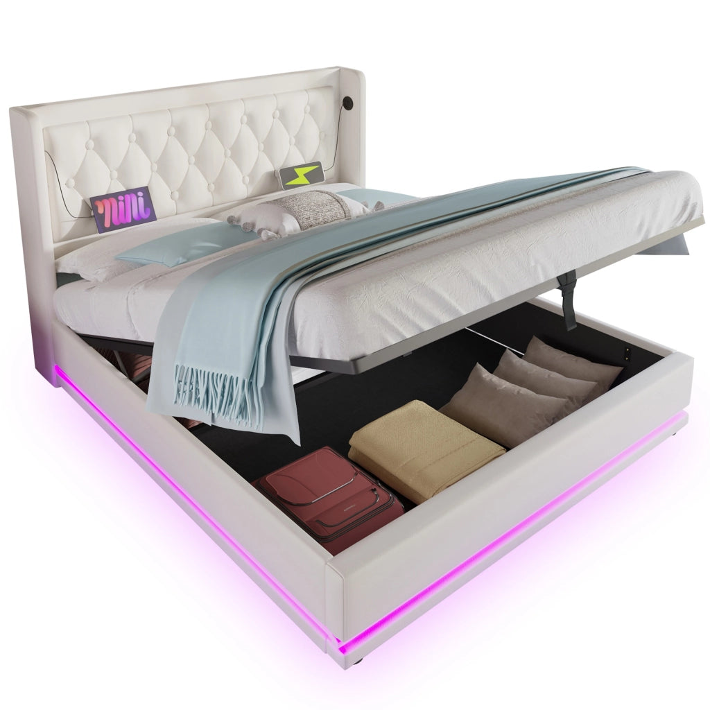 Letto Contenitore 160×200 cm; Matrimoniale con USB; USB-C e LED 3 Lati; senza Materasso; PU Bianco