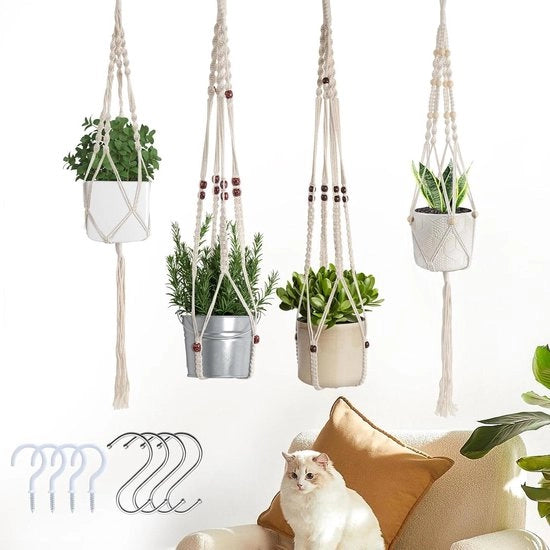 Set di 4 Corda Macramè per Piante in Cotone Duraturo da Appendere all'Interno Ideale per Balcone e Sala da Pranzo