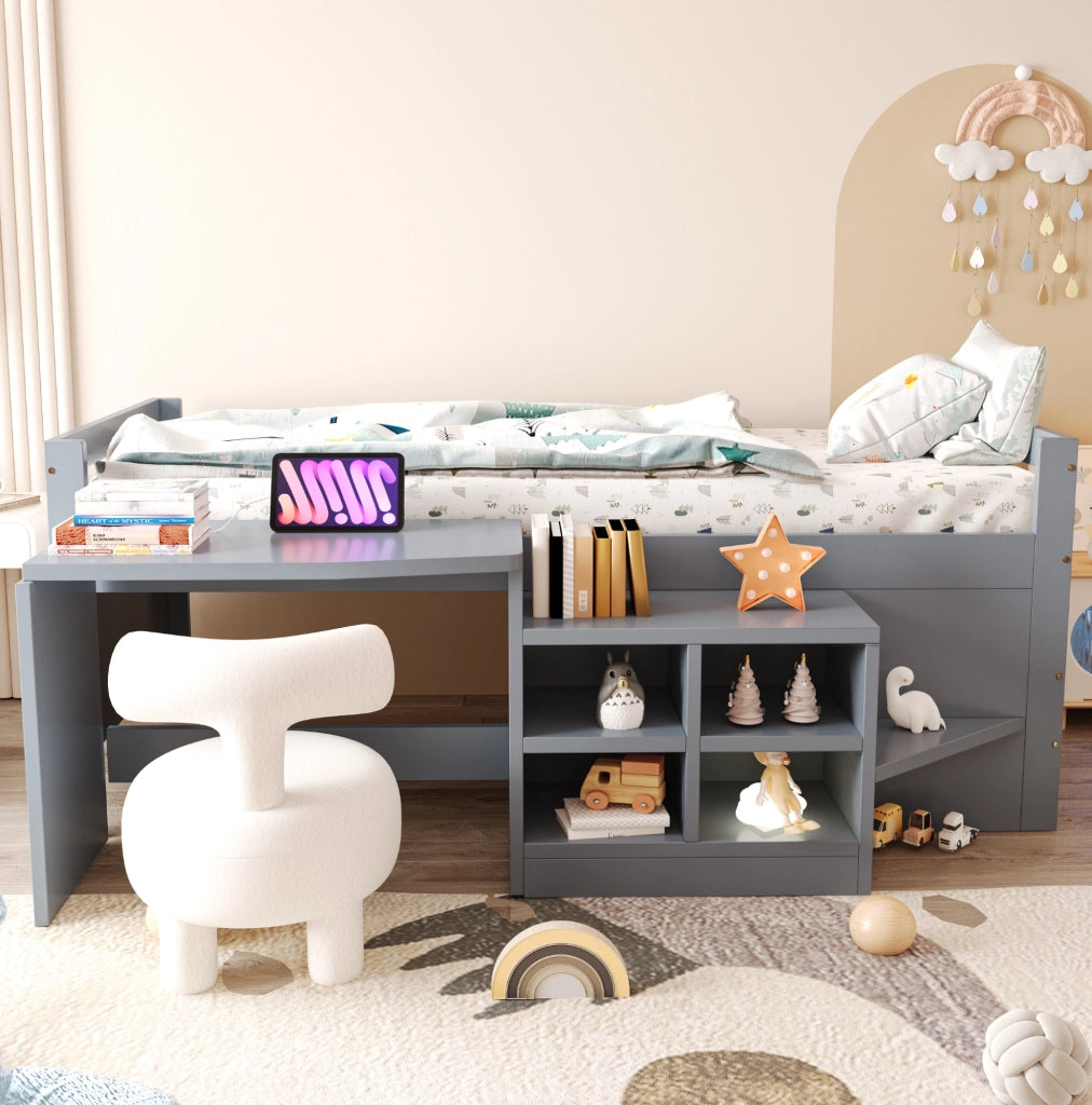 Letto multifunzione 90x200 cm con scrivania e USB grigio