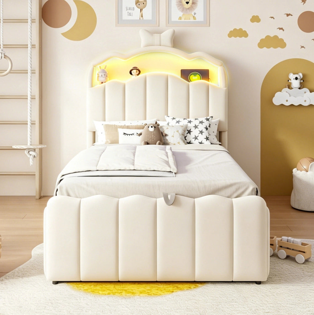 Letto per bambini imbottito ULEVR 90x200 cm con contenitore idraulico, LED a colori, USB e USB-C, beige
