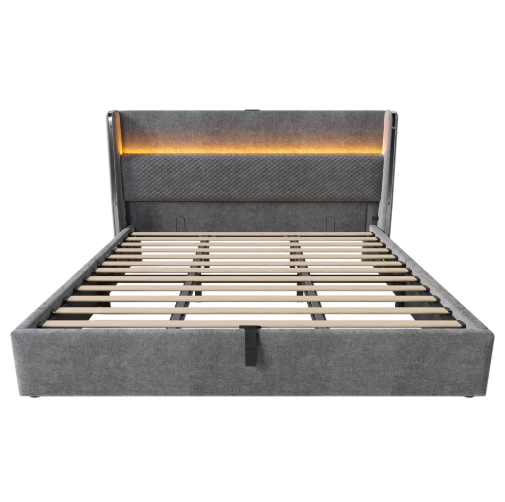 Letto contenitore 180x200 cm con testiera alta; LED e prese USB/Type-C in lino grigio