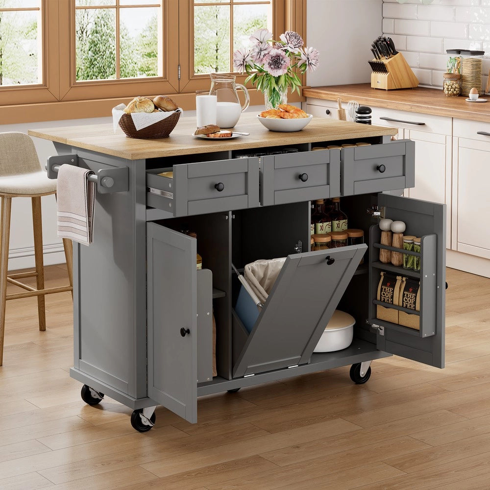 Isola da Cucina Mobile con Ruote e Cassetti ¨C Xylo ¨C Grigio, Piano Allungabile