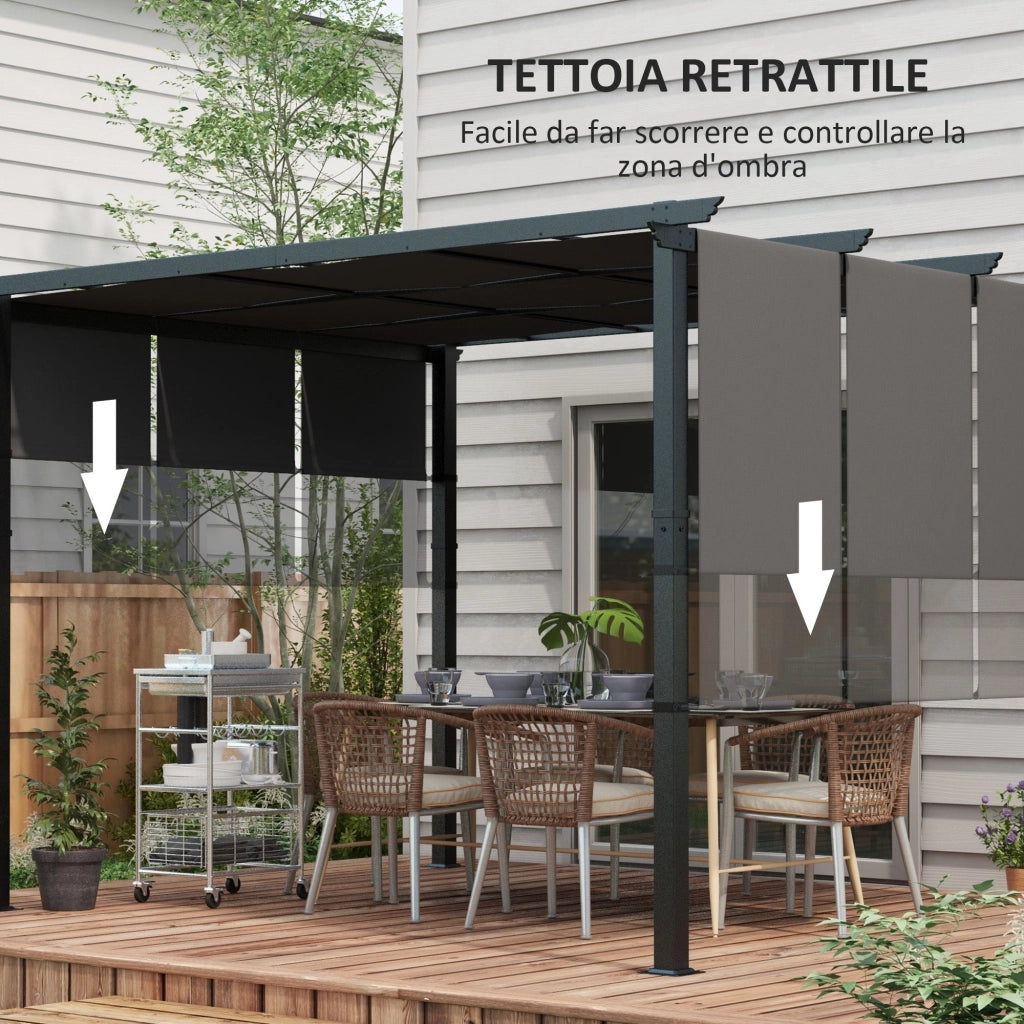 Gazebo Pergola 3x3.5 m con 3 Tettucci Regolabili in Acciaio e Poliestere Anti UV Grigio