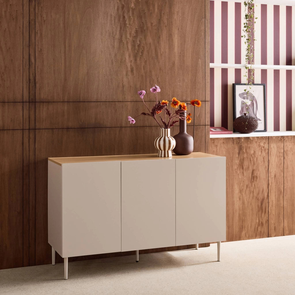 Credenza in metallo e decorazione in legno 3 ante, 120cm, beige