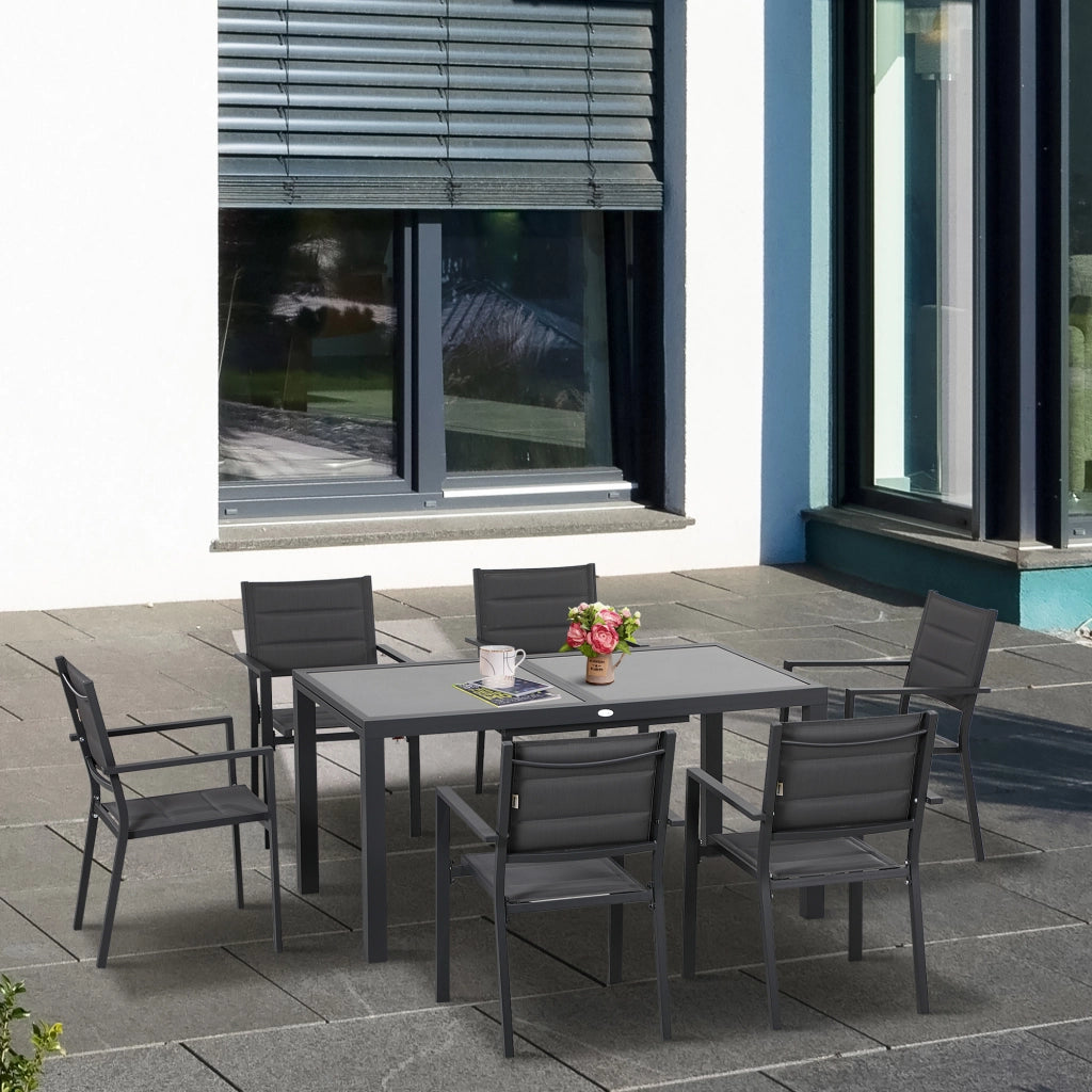 Set da Giardino con Tavolo Allungabile in Vetro e 6 Sedie con Seduta Traspirante, Grigio Scuro