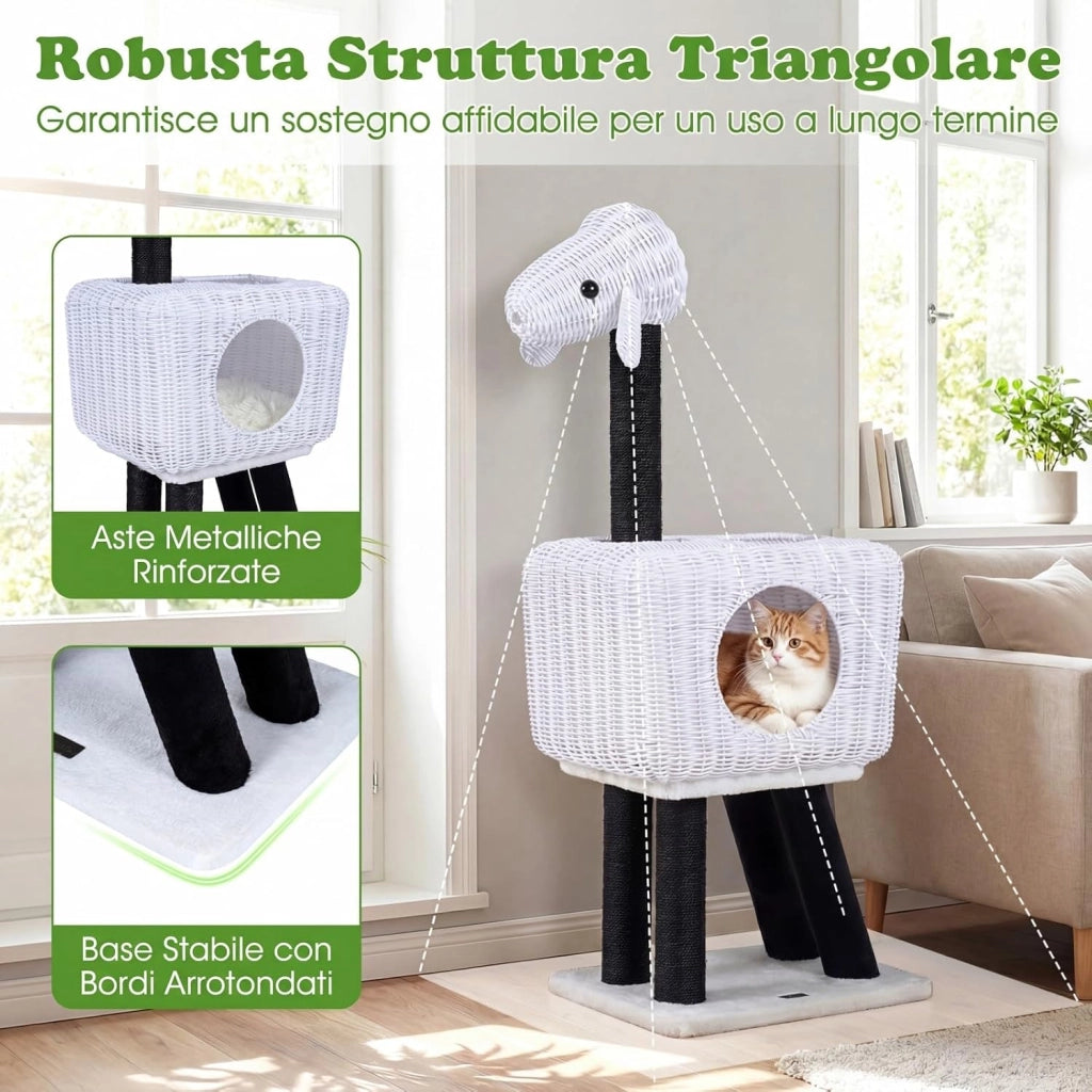 Albero Tiragraffi per Gatti, Tiragraffi per Gatti in Rattan con Grotta, 5 Pali Tiragraffi in Sisal, Cuscino Morbido e Pompon, Cuccia per Gatti da Interno a Forma di Pecora, 47 x 35,5 x 110 cm