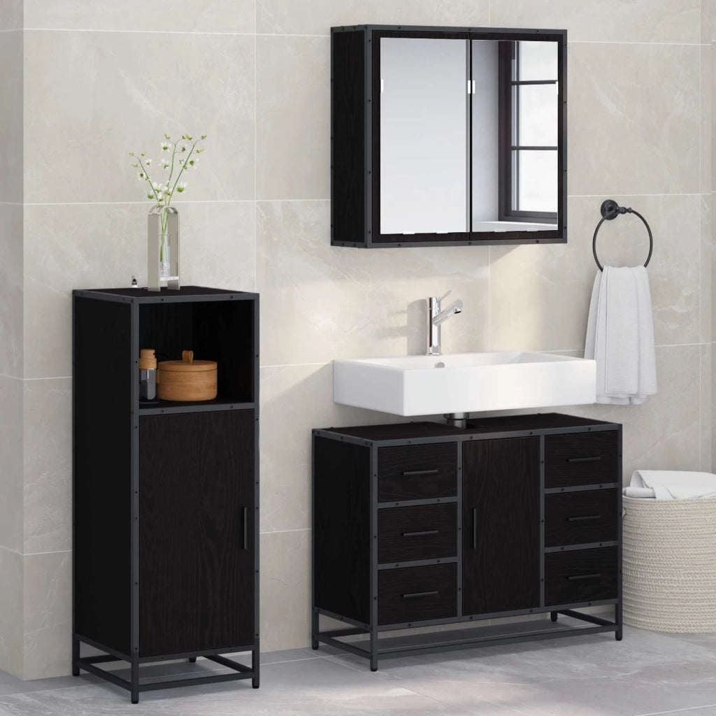 Set di mobili per il Bagno | Armadio da bagno 3 pz Rovere Nero Legno multistrato