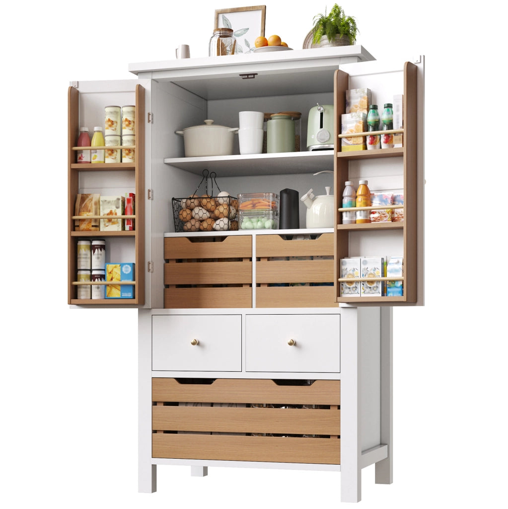 Credenza 80x40x140 cm con 5 cassetti; doppie ante e sicurezza antiribaltamento in MDF e PB bianco