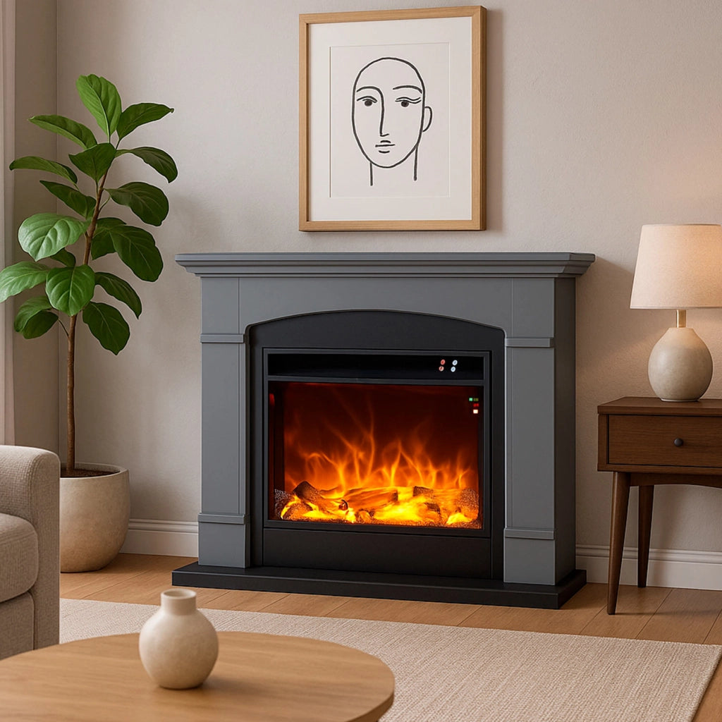 Caminetto Fuego Monica Antracita 1500w a Parete Con Cornice Telecomando e Bruciatore Grigio Scuro