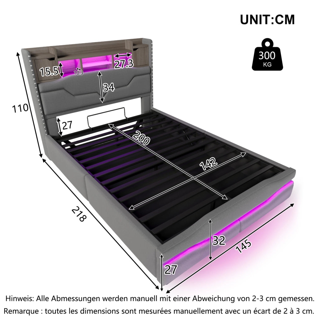 Letto imbottito 140x200 cm con contenitore idraulico, illuminazione LED e presa USB, grigio