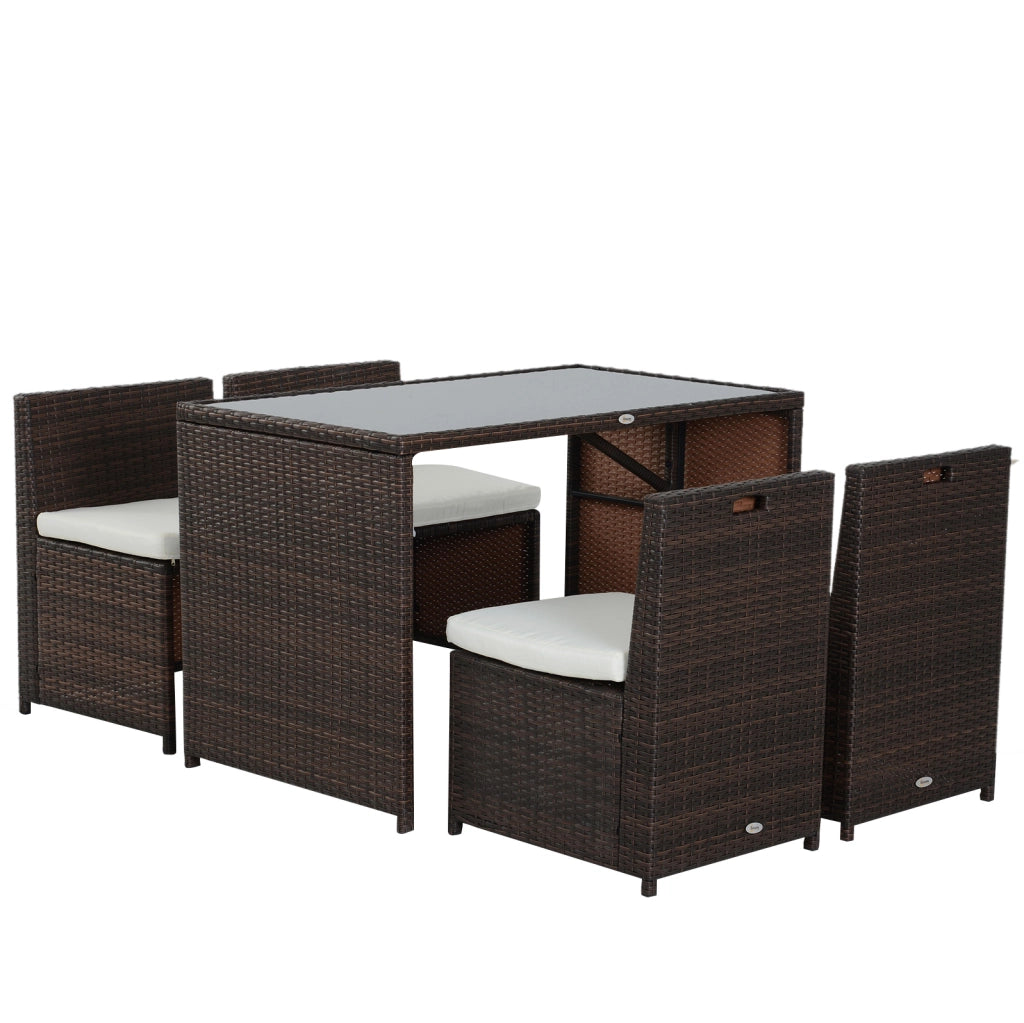 Set da giardino 5 pezzi in polyrattan con tavolo; 4 sedie pieghevoli e cuscini; marrone