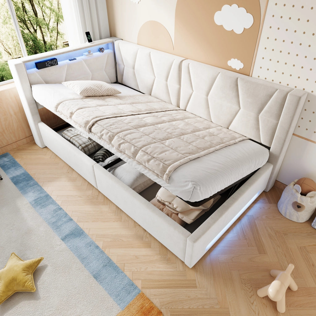 LETTO imbottito contenitore 90x200 cm in velluto beige con LED, USB e Type-C