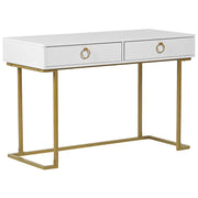 Consolle Bianco 2 Cassetti con Maniglie ad Anello Base in Metallo Dorato smart working Tavolo da Salotto Comò Camera da Letto Glam