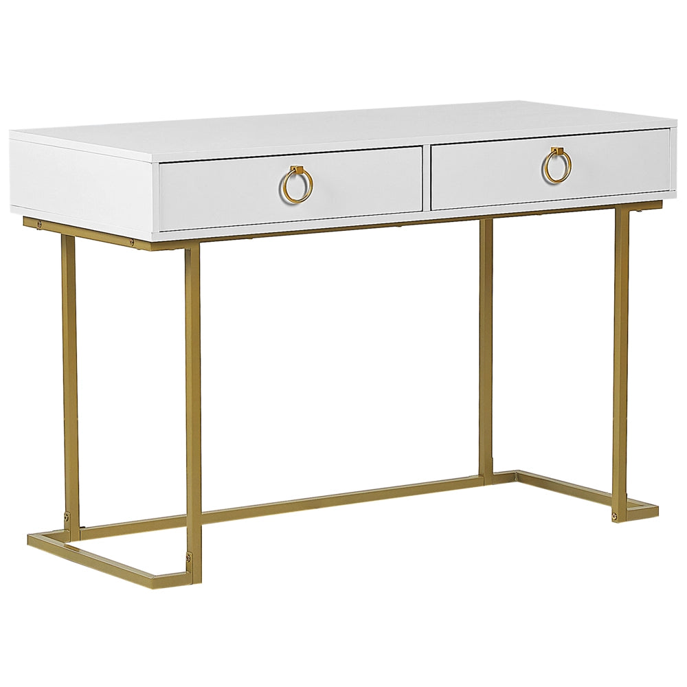 Consolle Bianco 2 Cassetti con Maniglie ad Anello Base in Metallo Dorato smart working Tavolo da Salotto Comò Camera da Letto Glam