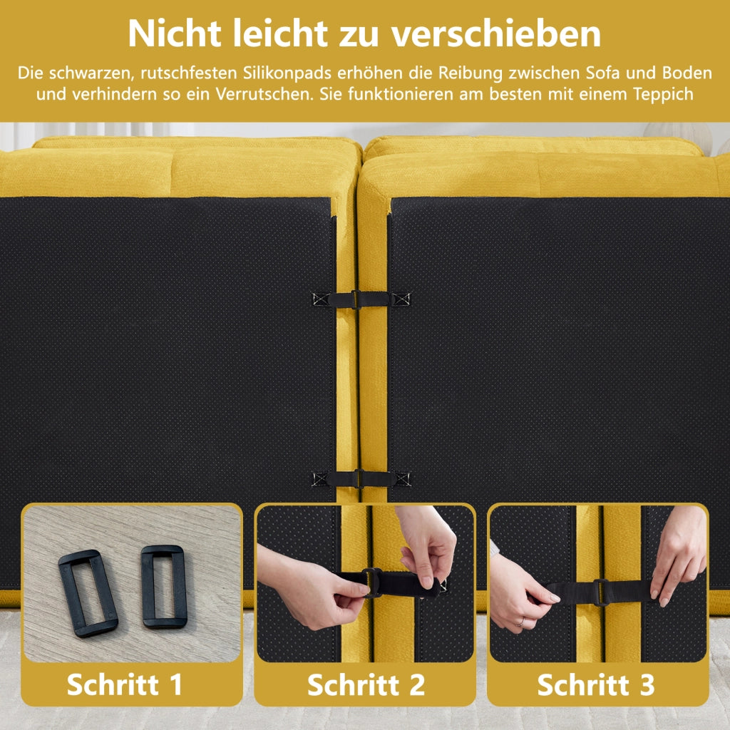 Divano modulare a L 2 posti senza struttura con seduta ergonomica e pouf per salotto e appartamenti in chenille gialla
