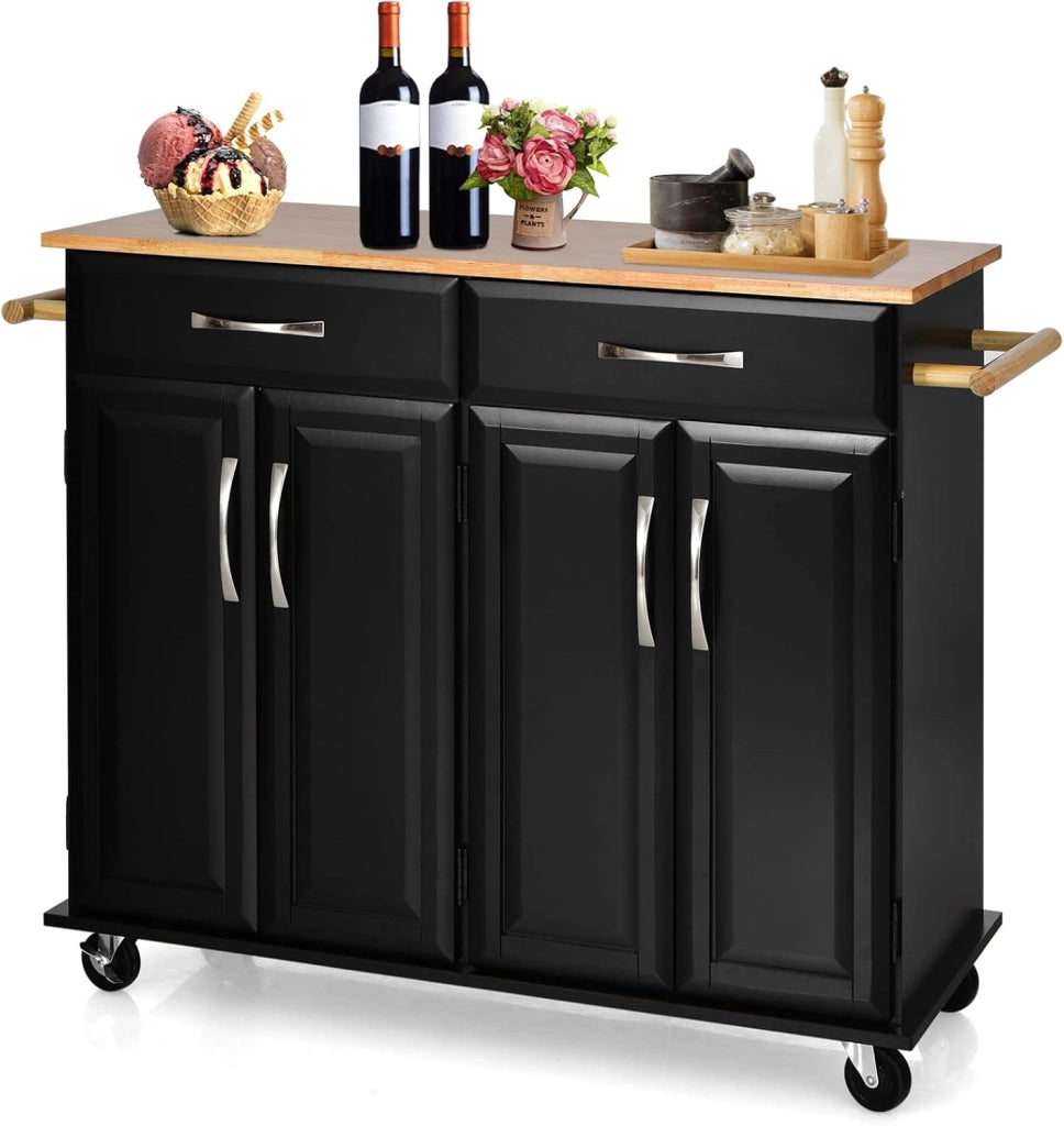 Carrello da cucina con piano di lavoro in legno di gomma con 2 armadi e ripiani regolabili, 2 cassetti grandi, portasciugamani laterali, armadio con ruote, 122 x 48 x 92,5 cm (nero)
