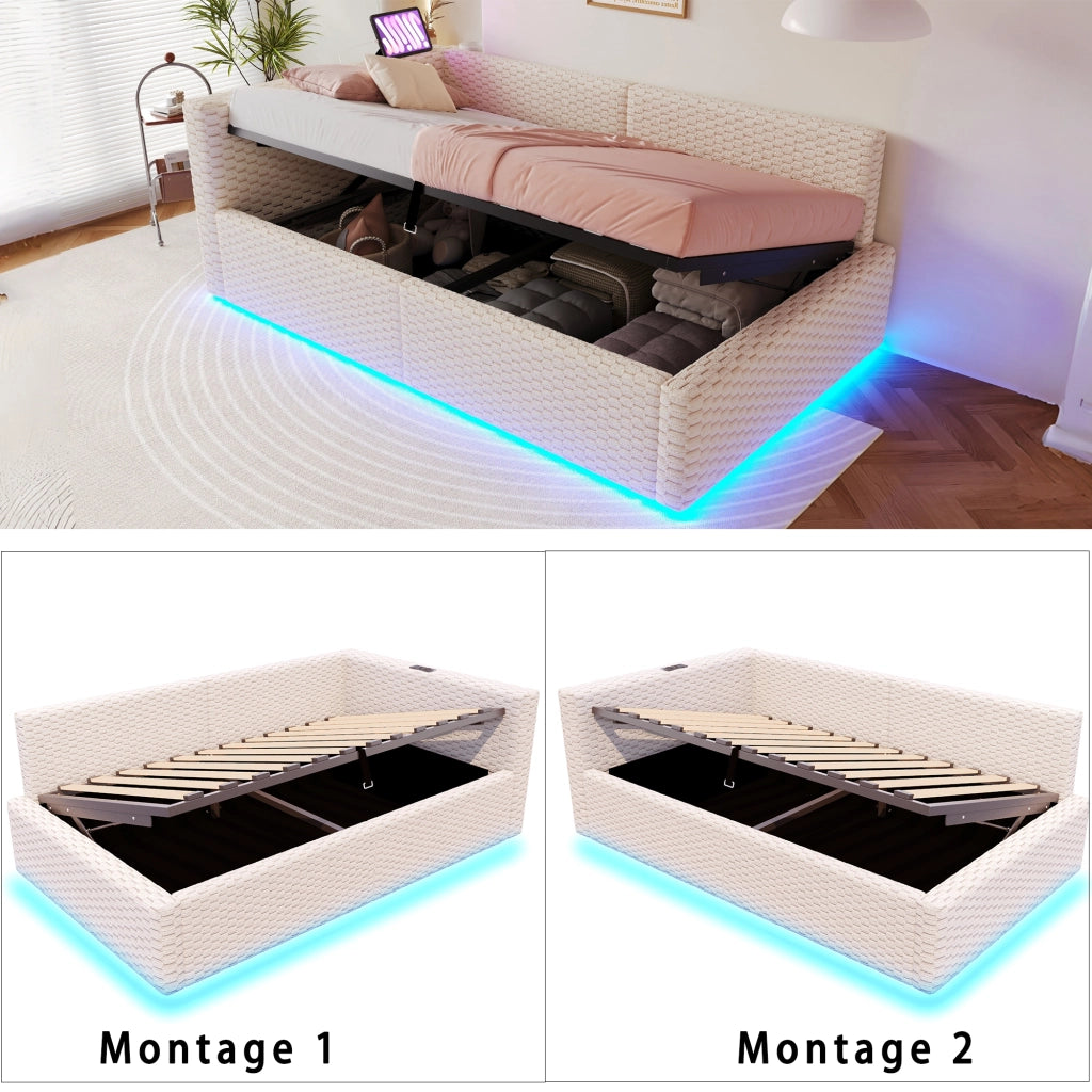 DESMIU Letto Divanetto 1 Piazza con Contenitore, LED, 2 USB e Tipo C 90 × 200 cm, senza Materasso, Beige