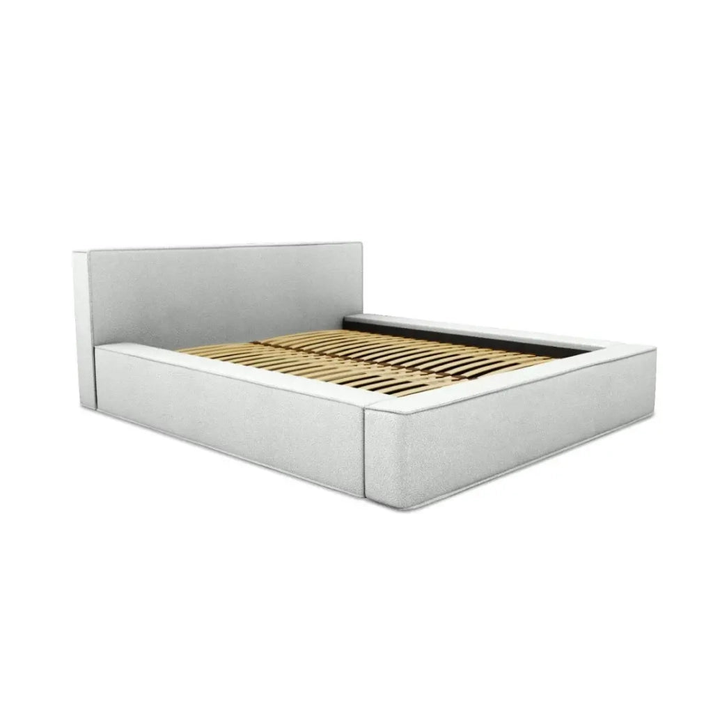 Letto contenitore VELORA – Bianco riccio – 140x200 cm – Tessuto effetto lana – Rete sollevabile – Contenitore integrato