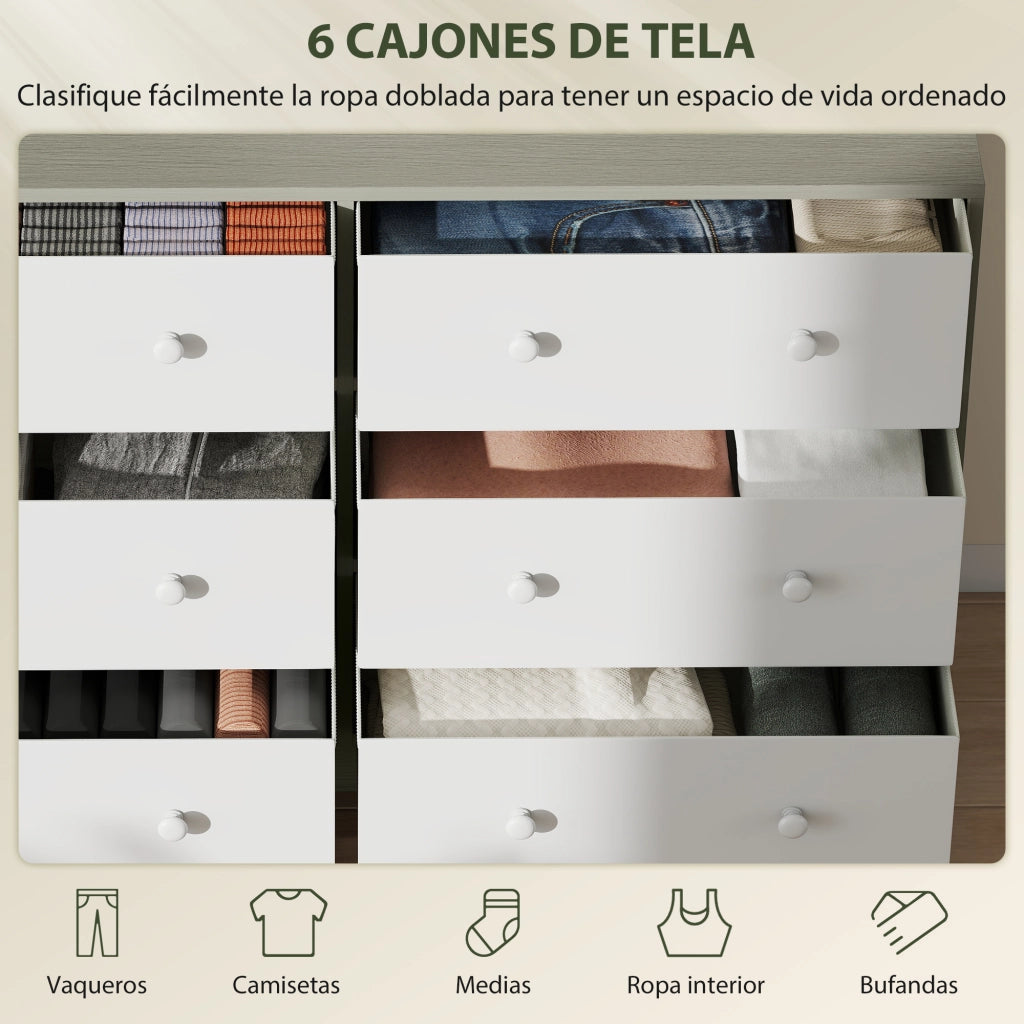 C¨®moda con 6 Cassetti Tessuto e MDF ¨C zephmum ¨C Bianco Grigio 60x40x