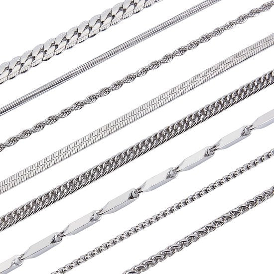 Set di Catene 8 Pezzi - Catene in Acciaio Inossidabile - Catene Argentate - Catene a Tela/Cubane/Tela Piana - 55 cm - Comodo e Resistente ai Contatti