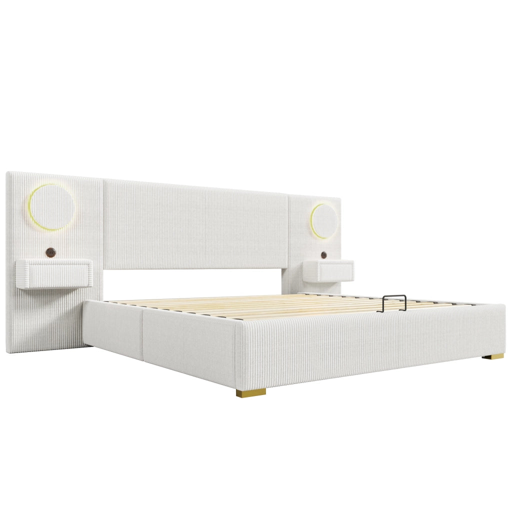 Letto Contenitore 180x200 cm Letto Matrimoniale; USB; LED e contenitore in Velluto Beige