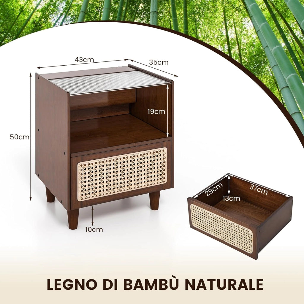 Comodino in Bambù e Rattan, Tavolino da Salotto Boho con Cassetto e Gambe in Legno Massello, Comodino Tavolino in Bambù per Camera da Letto, Soggiorno, 43 x 35 x 50 cm (2)