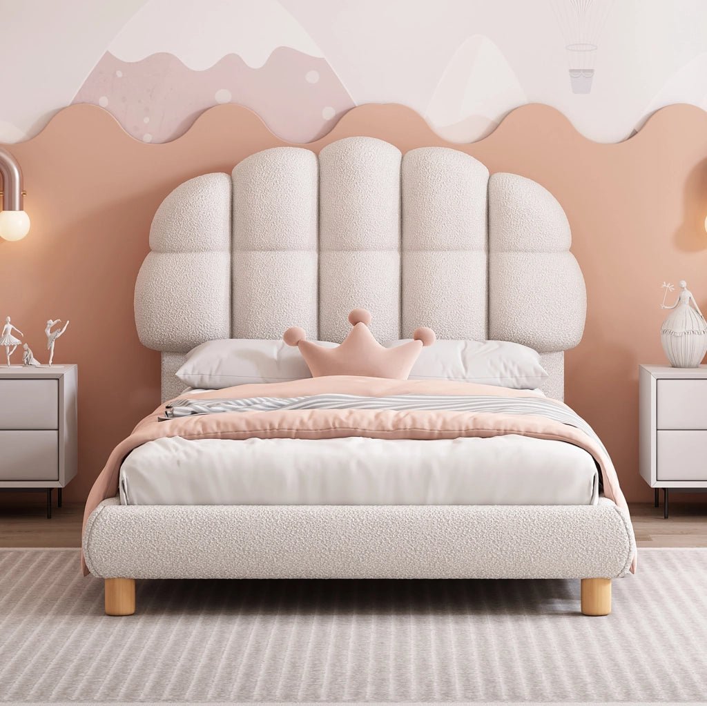 DESMIU Letto singolo 1 posto con testiera regolabile, senza materasso, superficie 90 × 200 cm, bouclé bianco