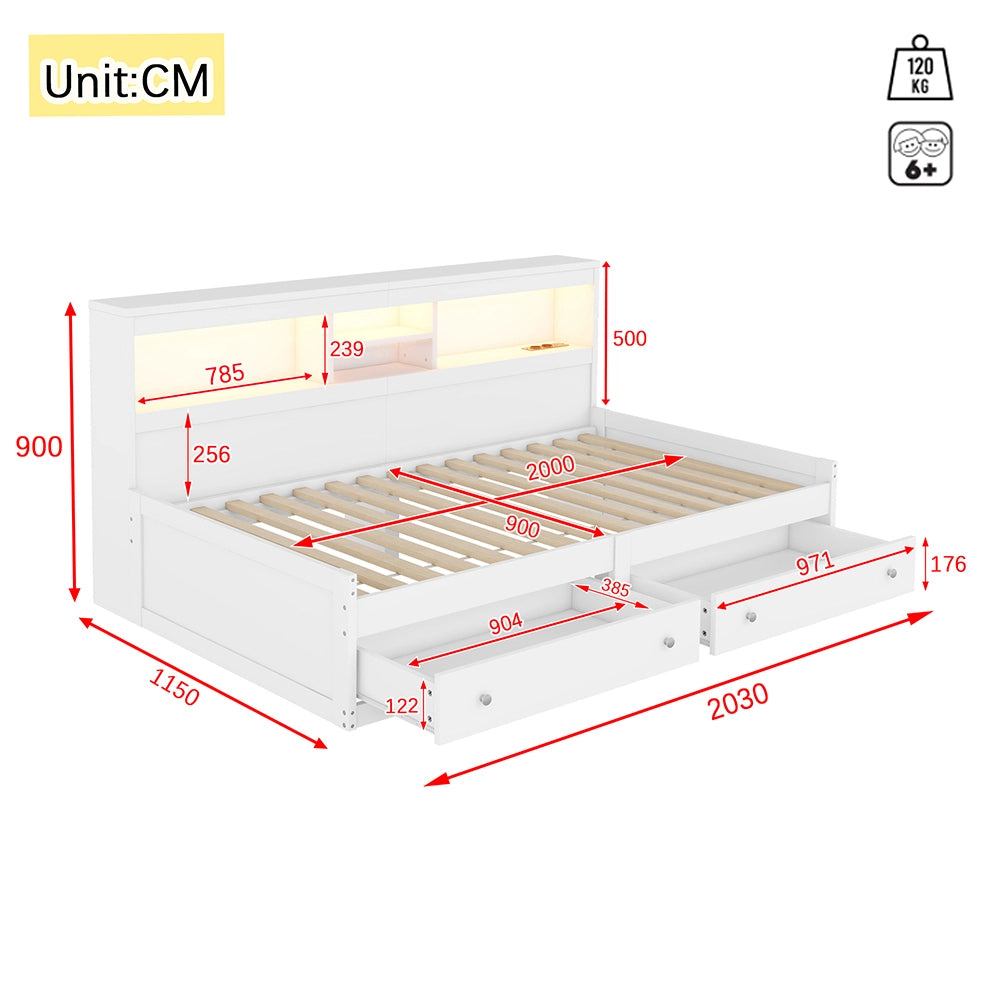 Letto a giorno Xylo - 90x200 cm - Bianco - 2 porte USB, 2 porte di ricarica, 2 cassetti