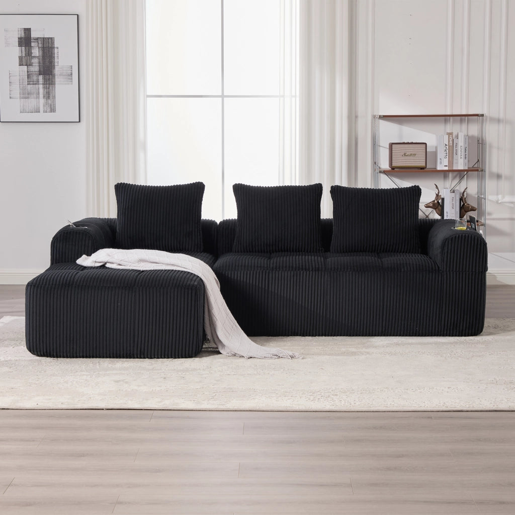 Divano modulare in corduroy con tasche laterali e portabicchieri, cuscini inclusi per soggiorno e studio, nero