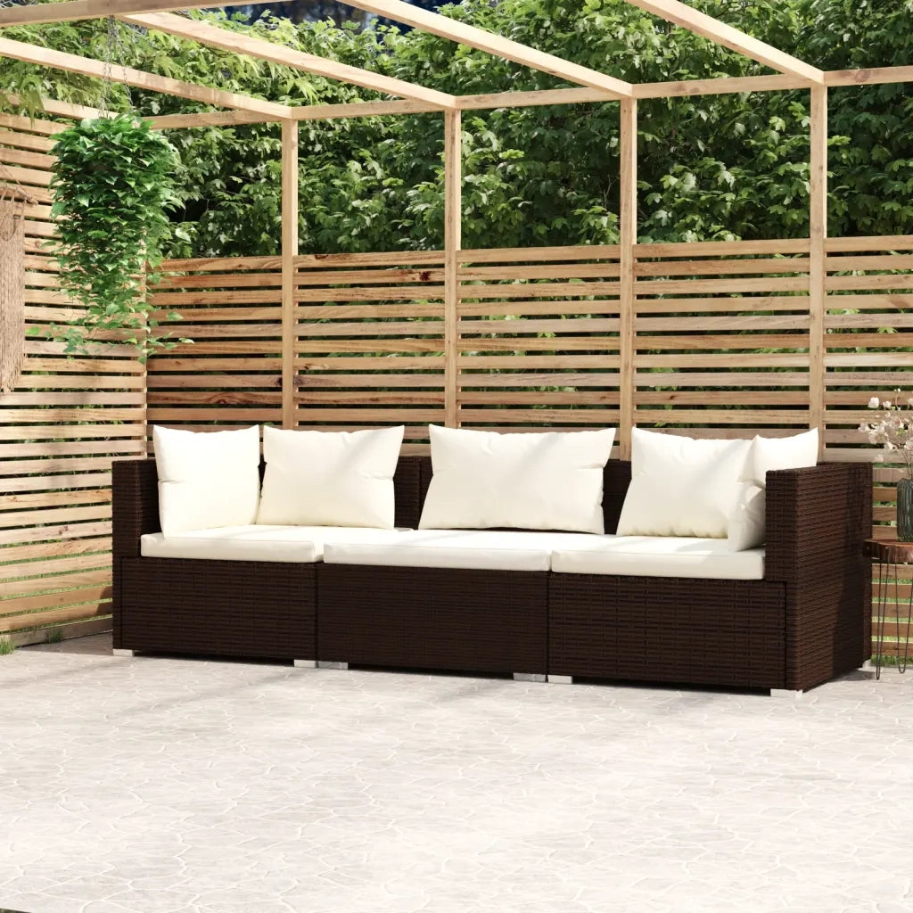 Divano a 3 Posti con Cuscini-Sofa 3 Posti con Cuscini in Polyrattan Marrone