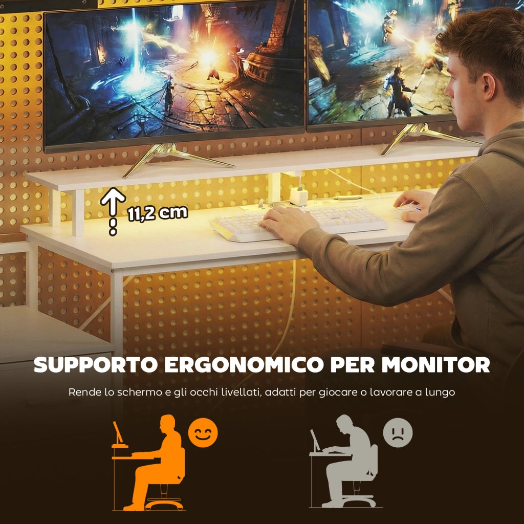 Scrivania Gaming Tavolo per Computer 147x47x130 cm con Supporto CPU Regolabile e Reversibile Luci RGB Prese e Porte USB