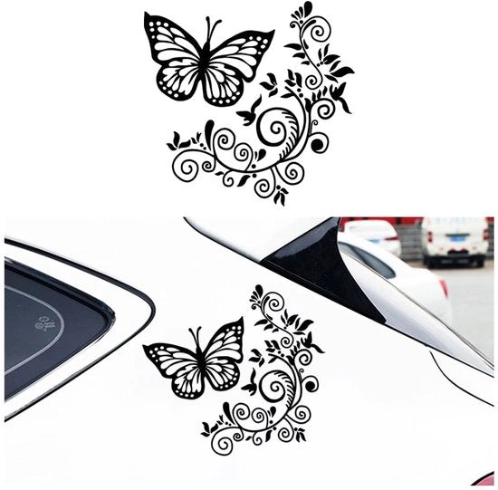 Autosticker con Disegno di Farfalle e Fiori - Adesivo Self-Adesivo - Materiale PVC Resistente all'Acqua - Accessori Auto Universali - Dimensioni 28 x 27 cm - Progetto Creativo - Sticker per Auto