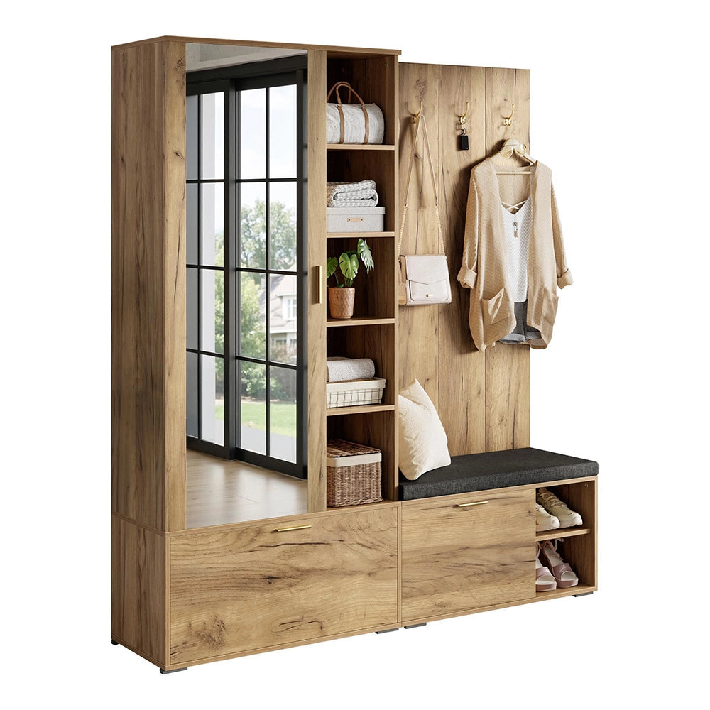 Complesso guardaroba - Xylo - 160¡Á38¡Á180cm - Colore legno - Specchio e panca