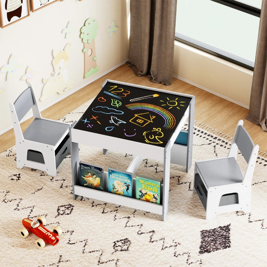 Set tavolo e sedie per bambini per bambini con piano reversibile, Set tavolo scaffali e cassetti per disegno Grigio-Tavoli e sedie