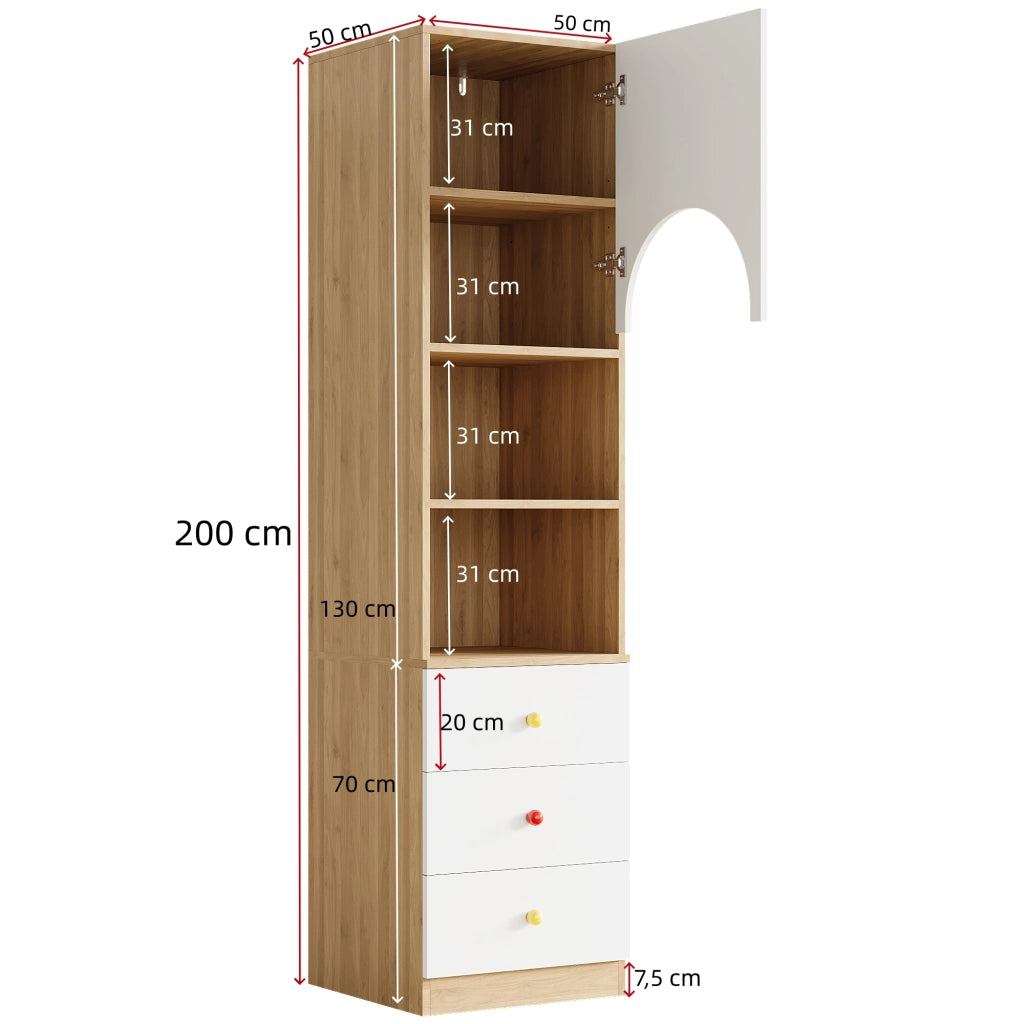 Libreria, vetrina, 3 cassetti, ripiani portaoggetti, maniglie in ceramica, finitura effetto legno, bianco