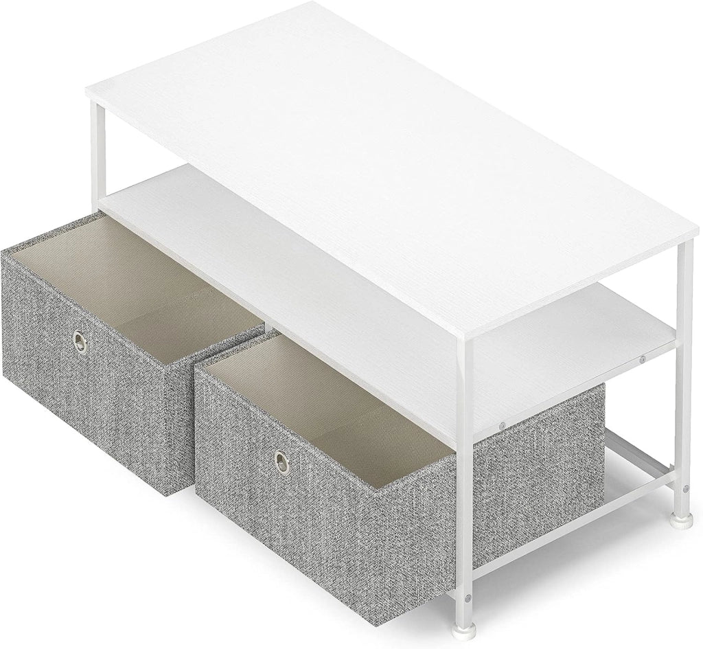 Tavolino da Salotto con 1 Ripiano 2 Cassetti Tavolino da Divano Rettangolare Aperto Tavolino da Caffè Tavolino porta TV Piccolo Metallo Struttura in Acciaio e Legno Mobile Moderno Bianco e Grigio
