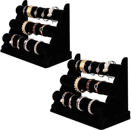 Standard per gioielli a 2 pezzi, supporto per gioielli in velluto con 3 ruote, per orologi e bracciali - Nero